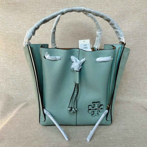 NWT Tory Burch McGraw Drawstring Bag – Blue Celadon Leather & Suede - Picture 5 of 14